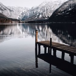 Scenic view of lake by snowcapped mountains against sky