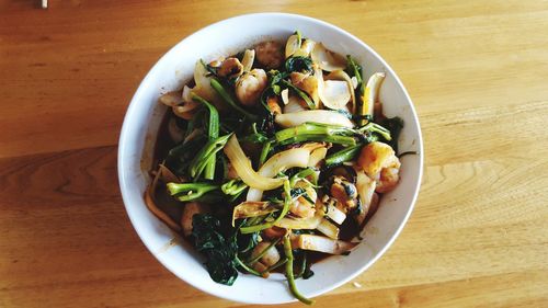 High angle view of salad in bowl on table