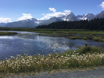 Scenic view of lake with mountains in background