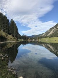 Scenic view of lake and mountains against sky