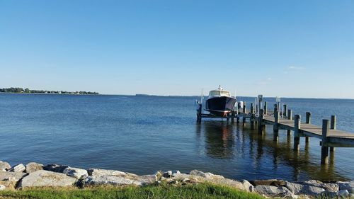 Scenic view of sea against clear blue sky