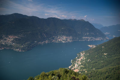 Aerial view of sea and mountains against sky