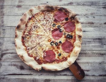 High angle view of pizza on table
