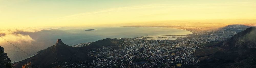 High angle view of cityscape against sky during sunset