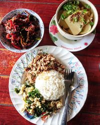 High angle view of meal served on table