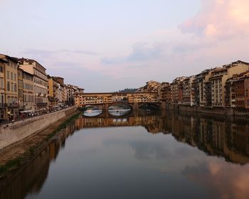 Arch bridge over river amidst buildings in city against sky