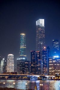 Illuminated buildings in city at night