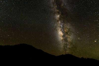 Low angle view of silhouette mountain against star field at night