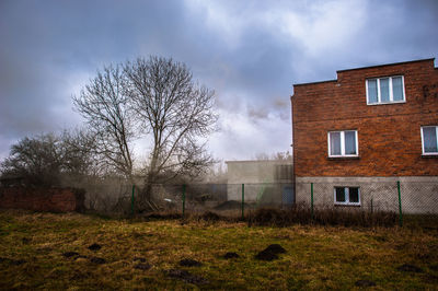 Bare tree by house against sky