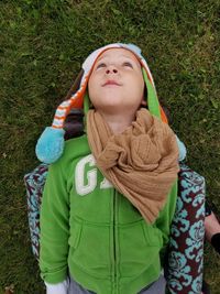 High angle view of young woman standing in park