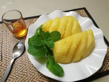 High angle view of dessert in plate on table