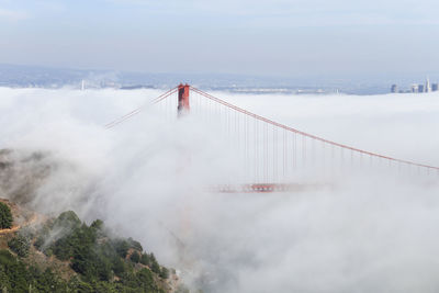 View of suspension bridge in foggy weather