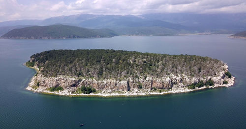 High angle view of bay against sky