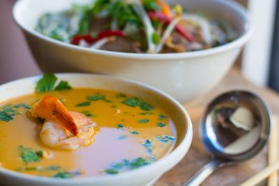 Close-up of soup in bowl on table