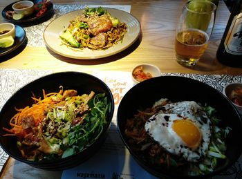 High angle view of breakfast served on table