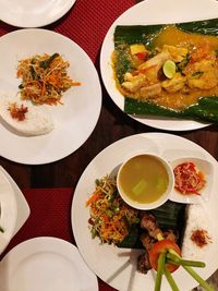 High angle view of meal served on table