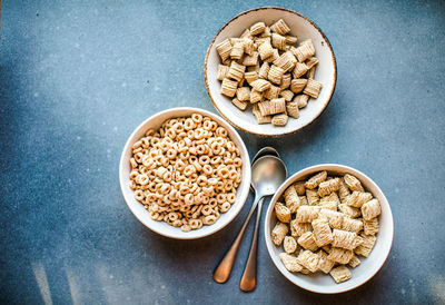 High angle view of food in bowls on table