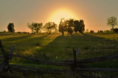 Scenic view of grassy field against sky at sunset