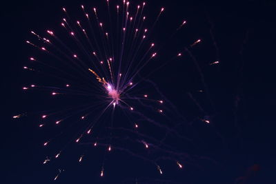 Low angle view of firework display at night