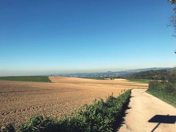 Scenic view of field against clear blue sky