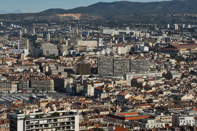 High angle view of buildings in city