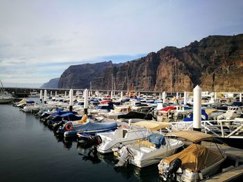 Boats moored at harbor