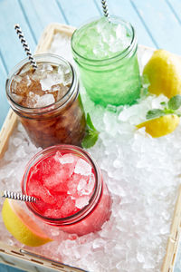 High angle view of drink in glass on table