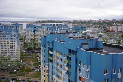 High angle view of buildings against sky