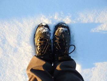 Low section of mountaineer standing in snow