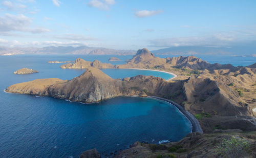 Panoramic view of sea and mountains against sky