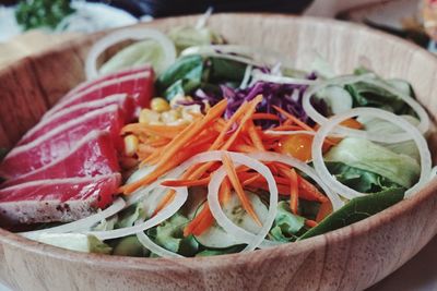 Close-up of chopped fruits in bowl