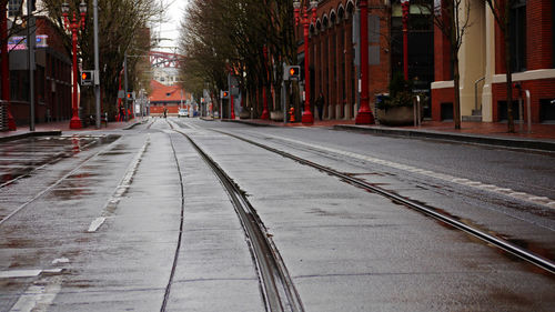 Tramway tracks on street in city