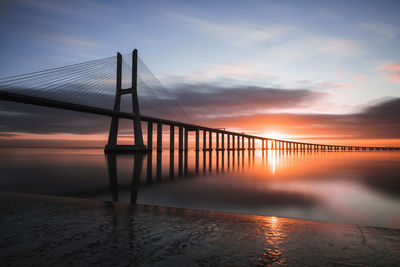 Silhouette bridge over sea against sky during sunset