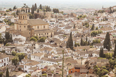 High angle view of buildings in city