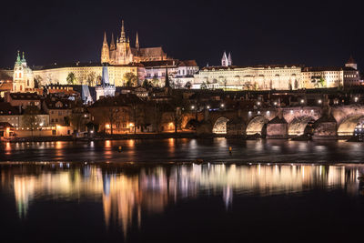 Night panorama with castle above historical city illuminated, prague, czechia