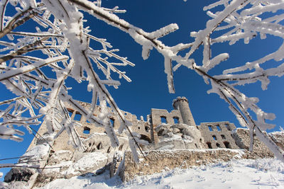 Low angle view of icicles against clear blue sky