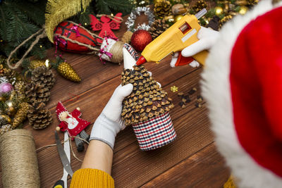 High angle view of christmas decorations on table