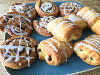 High angle view of cinnamon buns on table