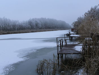 Scenic view of frozen lake against clear sky