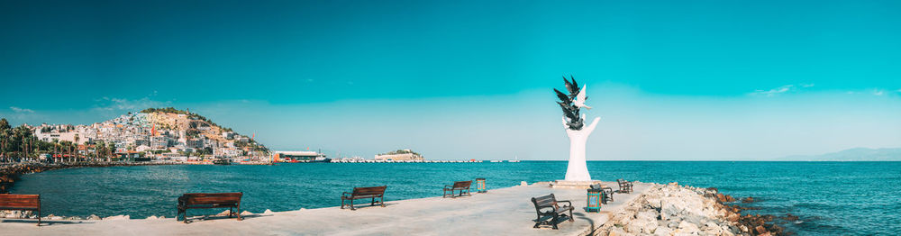 Scenic view of sea against clear blue sky