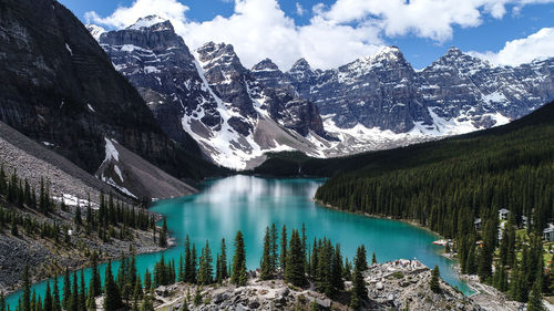 Panoramic view of lake and snowcapped mountains against sky