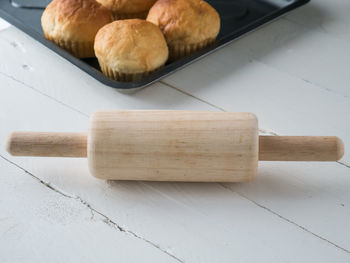 High angle view of bread on cutting board