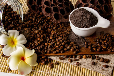 High angle view of coffee beans on table