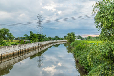 Canal by plants against cloudy sky