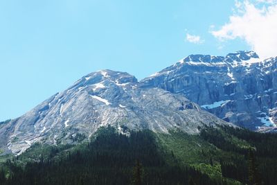 Low angle view of snowcapped mountains against clear sky
