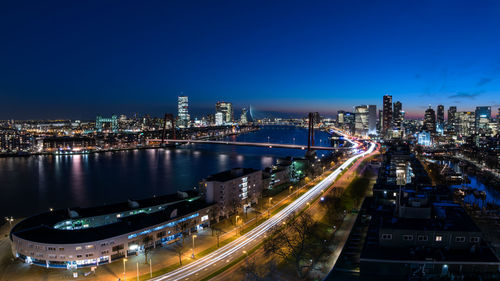 High angle view of illuminated city at night