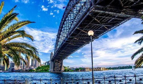 Low angle view of bridge over river against sky