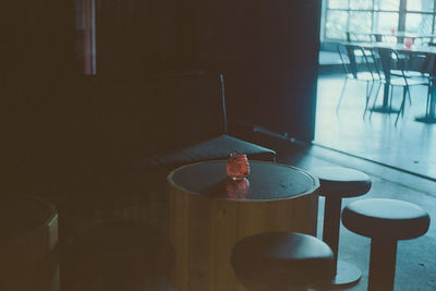 High angle view of glass container on table at home