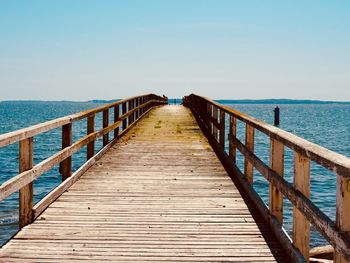 Wooden pier leading towards sea against clear sky