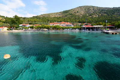 Swimming pool by sea against sky